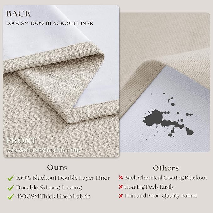 60 Inch Wide Pinch Pleated 100% Blackout Curtains 96 Inches Long, Natural | Memory Trained, Thick Linen with 2 Layer, Thermal Insulated Noise Reducing Light Blocking, for Living Room Bedroom 1 Panel