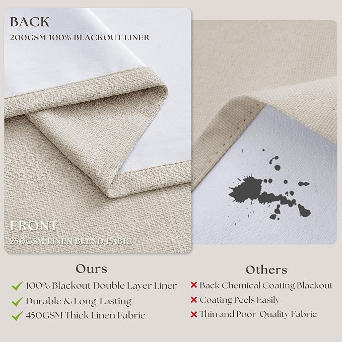 60 Inch Wide Pinch Pleated 100% Blackout Curtains 108 Inches Long, Natural | Memory Trained, Thick Linen with 2 Layer, Thermal Insulated Noise Reducing Light Blocking, for Living Room Bedroom 1 Panel