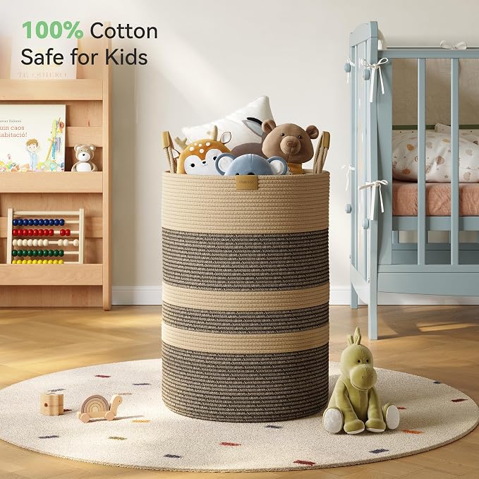 Nunsino 95L Striped Laundry Hamper with Leather Handles,Large Foldable Laundry Basket for Clothes,Cotton Rope Storage Bin for Blankets,Woven Clothes Basket for Bedroom,Dark Brown Stripes