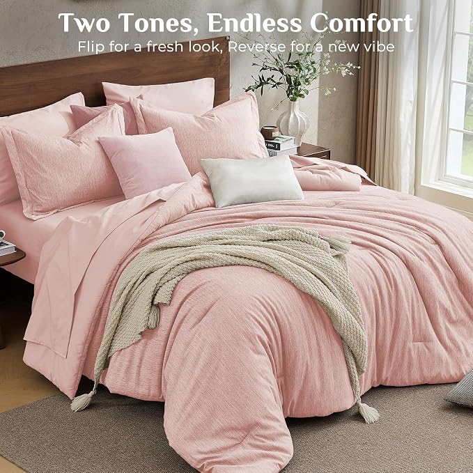 JOLLYVOGUE Rose Pink Queen Comforter Set, Cationic Dyeing Bed in a Bag Queen 7 Pieces, Double-Tone Bedding Set with Down Alternative Comforter, Sheets, Pillowcases & Shams