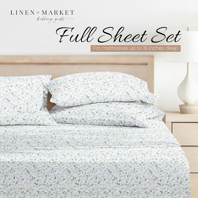 Linen Market Double-Brushed Patterned Microfiber Full Sheet Set 4 Piece – Oeko-TEX Certified Ultra Soft & Wrinkle-Free - 16" Deep Pocket Sheets - Easy Care Full Size - Wildflower Light Blue