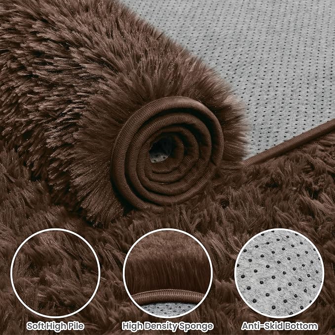 5x8 Fluffy Shag Area Rugs for Living Room Bedroom: Soft Plush Carpet Brown | Upgraded Non-Slip Thick Memory Foam, Ultra Soft, Non-Shedding Fuzzy Carpet, Easy Clean Decor for Kids Room, Nursery, Playroom