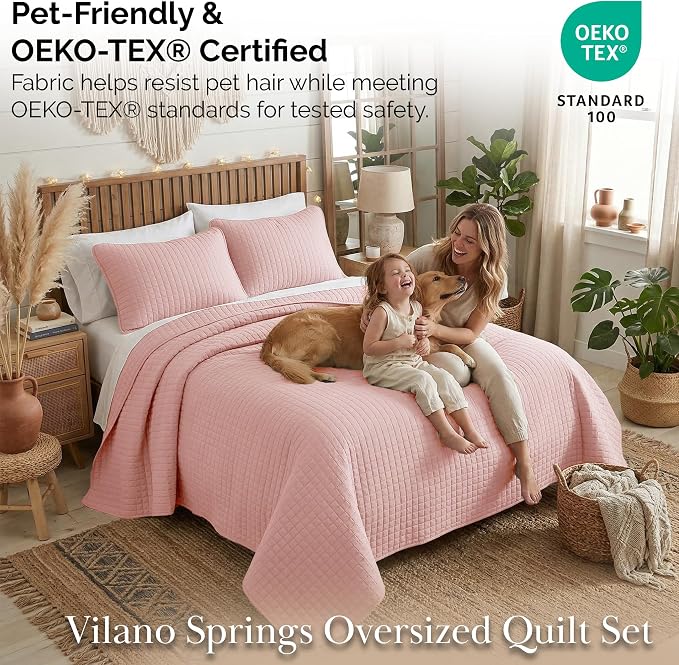 Southshore Fine Living, Inc. Stitched Pink Queen Quilt Bedding Set, Oversized Quilts Queen Size/Full, Pet Hair Resistant Bedding, Soft Cozy Bedspread, Full Size Coverlet, 2 Pillow Shams, Pastel Pink