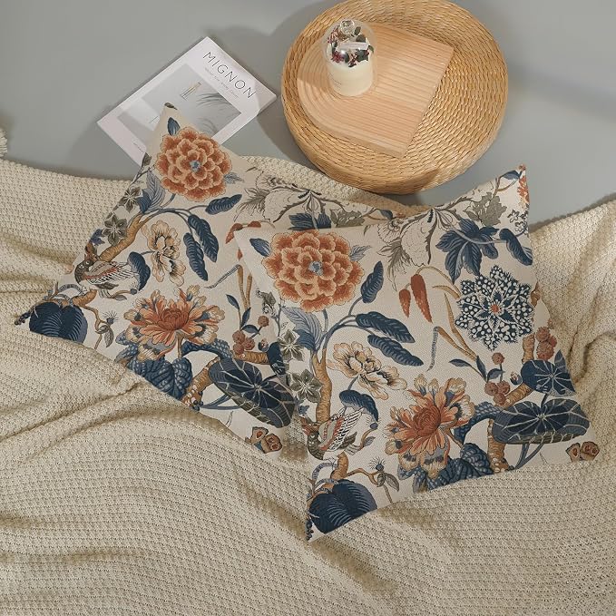 Navy Blue Orange Boho Pillow Covers 18x18 Inch 2 Pcs Chinoiserie Blue Floral Bird Decor Throw Pillows Vintage Flower Seasonal Outdoor Farmhouse Pillowcase Linen Cushion Cover for Couch Sofa