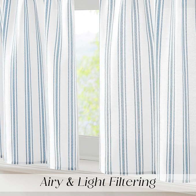 ZJDECOR Blue White Striped Semi Sheer Kitchen Curtain Valances,55" Wx15 Lx1 | Stripe Pattern Valance Cafe Curtains,Light Filtering,Rod Pocket,Modern,78% Polyester、22%Cotton,Small Window Treatment
