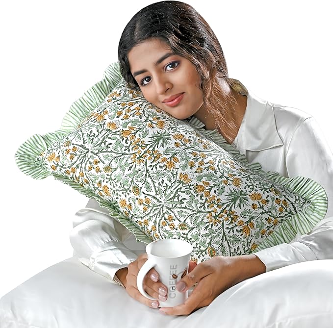 Ridhi Block Print Goldenrod Yellow Ruffle Lumbar Pillow Shams, 20" x 12" | 100% cotton, Floral Pillowcase, Cushion Cover, Hidden Zipper, Cottagecore Bedding, farmhouse boho style, fits couch, sofa,Bed