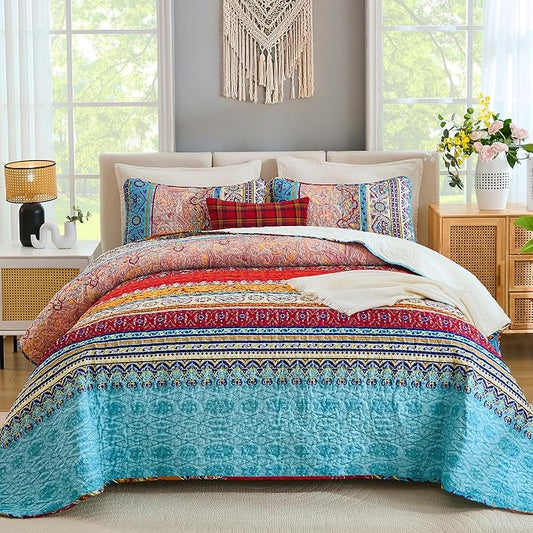 WONGS BEDDING Boho Quilt Calking Size,3 Pcs Bedding Set,Blue Beige | Colorful Bohemian Striped Printed Bedspread for All Season, Lightweight Microfiber Coverlet Set with 2 Pillowcases (106"x96")