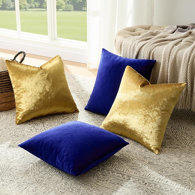 GIGIZAZA Pack of 4 Decorative Velvet Pillow Covers 16x16 Blue Gold | Throw Pillows for Couch Sofa,280gsm Soft Textured Fabric,Modern Accent Pillowcases,Luxury Living Room Cushion Covers