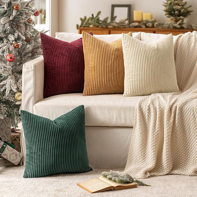 MIULEE Corduroy Decorative Throw Pillow Covers Christmas Red Green 18x18 | Set of 4, Mordern Nordic Christmas Decor, Green Red Accent Set, Boho Farmhouse Cushion Covers for Couch Bed Sofa Living Room