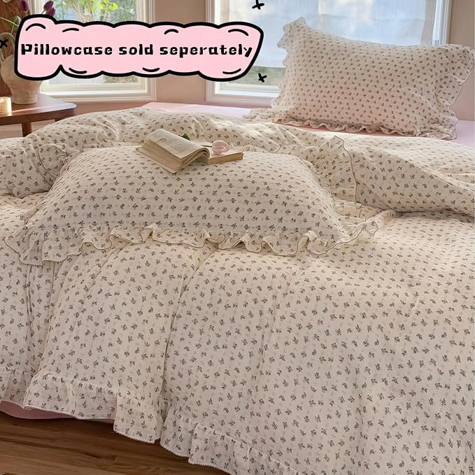 Pink Bellflower Print Duvet Cover Twin Muslin Cotton Comforter Cover for Toddler Kids Children Girls Boys, Lightweight Soft Quilt Covers, Zipper Closure, 4 Ties, No Pillow