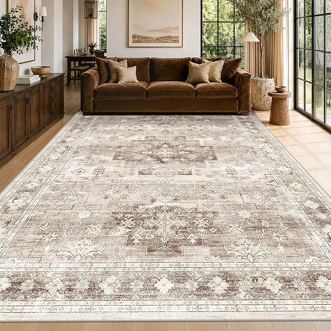 Washable Farmhouse Living Room Rug, 10x14 Area Rugs for Bedroom, Dining Room Under Table Carpet, Kids Room, Extra Large Boho Vintage Non-Slip Rugs Low Pile Stain Resistant (10x14 Beige/Latte)