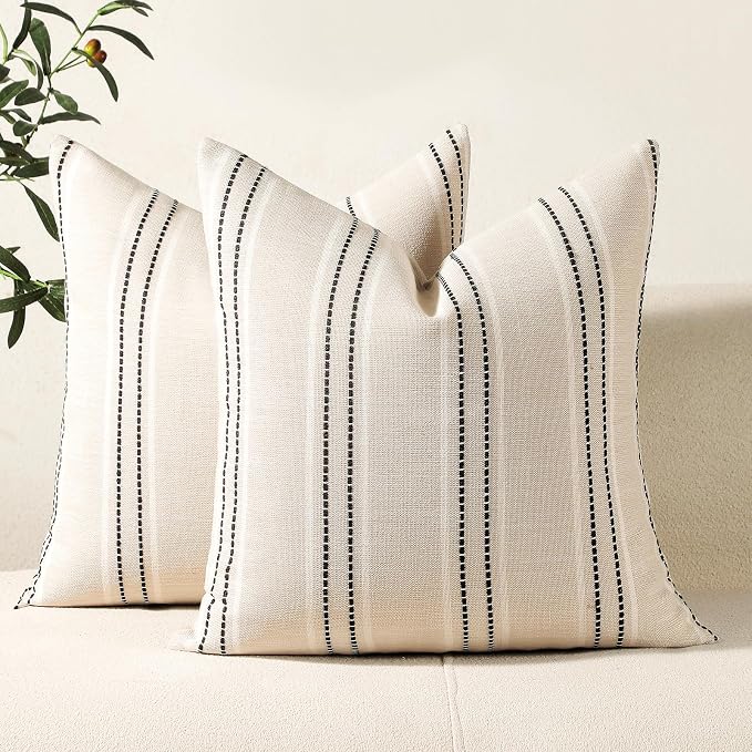 Hckot Black Striped Throw Pillow Covers 18x18 Set of 2 Accent Pillow Cover | Textured Linen Decorative Pillowcase Square Cushion Covers for Couch Sofa Bed Living Room Boho Farmhouse Home Decor