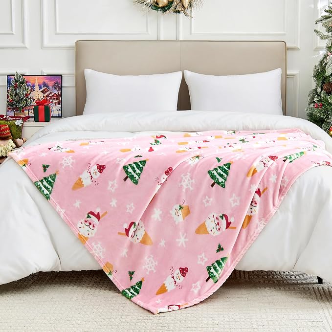 Edenleaf Christmas Blanket Soft Cozy Pink Throws with Snowman Snowflake Santa Claus and Xmas Trees Print, Fuzzy Warm Christmas Throw Blanket for Couch Bed Holiday Decorations Gifts 50"x60" (Pink)