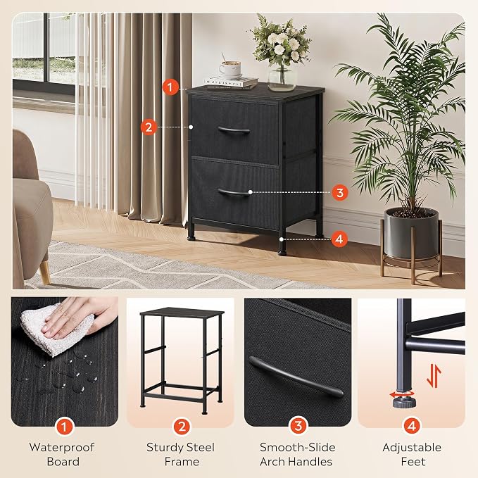 WLIVE Black Night Stand, Small Dresser with 2 Drawers & Wooden Top, Nightstand with Fabric Bins, Bedside Table End Table for Bedroom, Closet, Entryway, College Dorm, Charcoal Black | Versatile Small Side Table, Sturdy Metal Frame & Adjustable Feet, 15-...