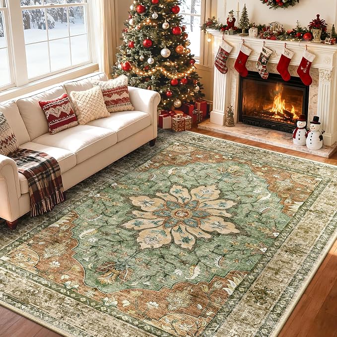 RELEANY Washable Area Rug, 7'x9', Brick/Brown/Green | Non-Slip, Water Repellent, Pet Friendly, Easy to Clean, Vintage Floral Boho Decor for Living Room Bedroom Dining Room Office