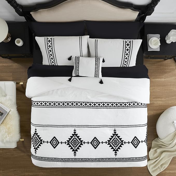 MaiRêve Embroidery King Size Comforter Set 7 Pieces White Bed in a Bag | Western Farmhouse Boho Bedding Sets with Comforter, Sheets, Pillowcases & Shams