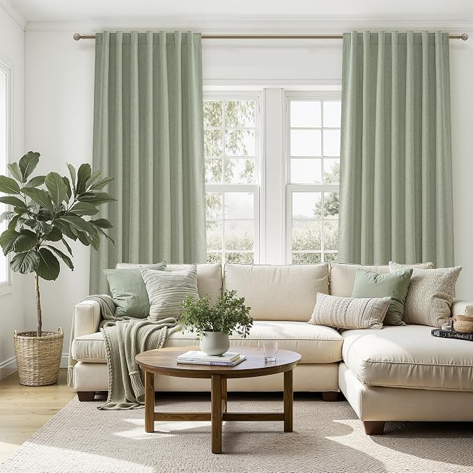 Sage Green Blackout Linen Curtains 86 Inches Long for Living Room Bedroom, Pleated Window Track Curtain with Pin Hooks Belt Boho Light Green Drapes Thermal Insulated (50"Wx86"Lx2Panels) Back Tab