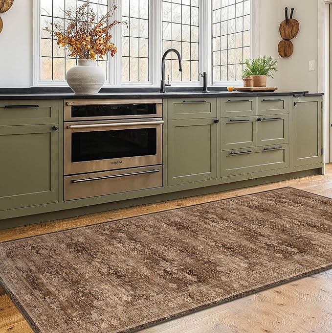 Brown 2x5 Entryway Runner Rugs, Small Runners for Kitchen, Door Mat Indoor Entrance, Bathroom, Non-Slip Low-Pile Washable Stain Resistant, Vintage Taupe Earthy Decor