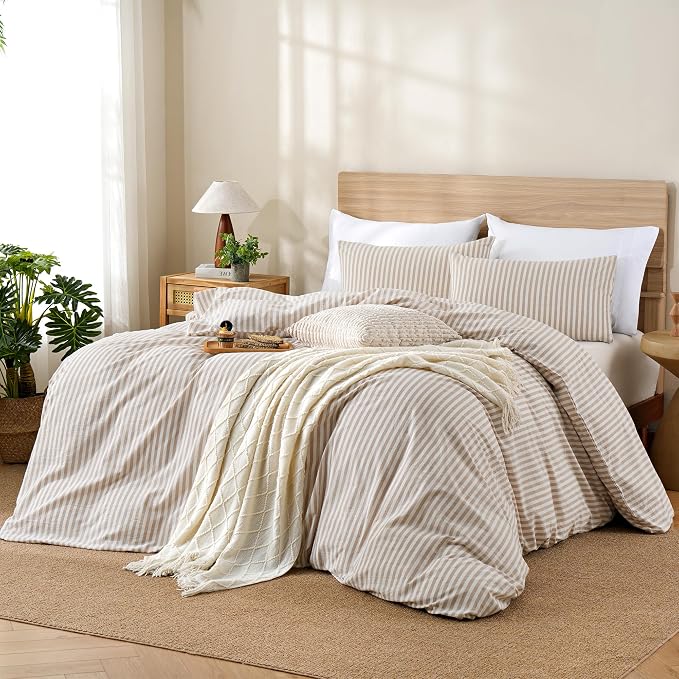 TOCOMOA Brown Striped Duvet Cover Set 100% Washed Cotton Like Linen, King | Linen-Like Feel Soft, Breathable & Comfy for All Season. Lightweight Bedding Set with Zipper & 8 Ties. 3 Pcs, No Insert