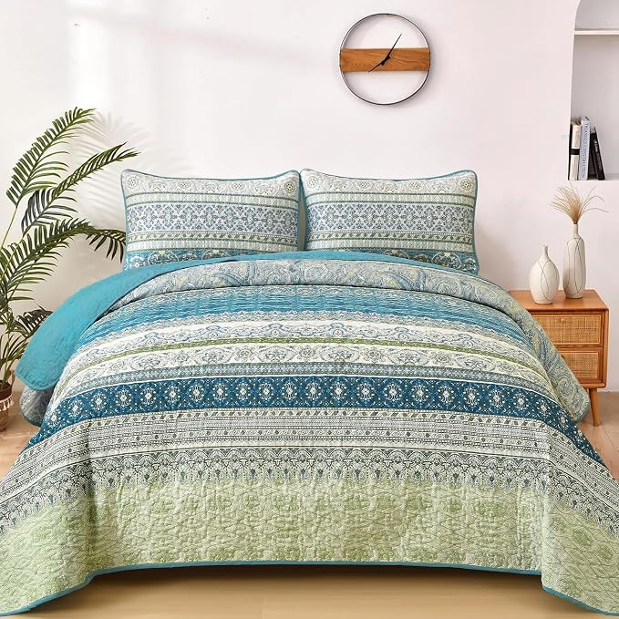 WONGS BEDDING Boho Quilt Queen Size,3 Pcs Aqua Bedspread Bedding Set | Colorful Bohemian Striped Printed Bedding for All Season, Lightweight Microfiber Coverlet Set with 2 Pillowcases(96"x90")