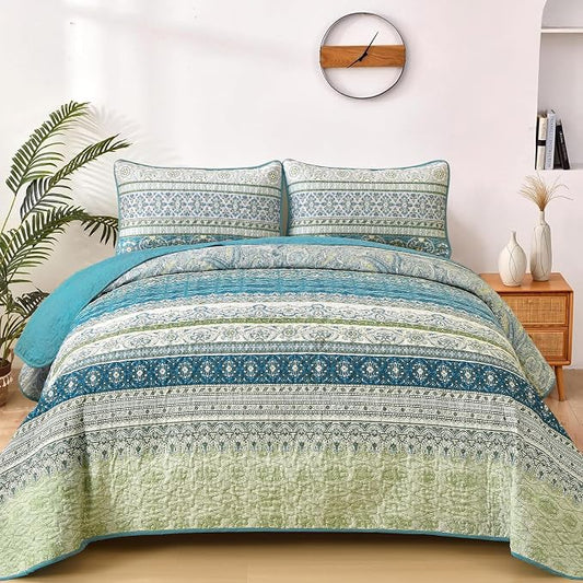 WONGS BEDDING Boho Quilt Queen Size,3 Pcs Aqua Bedspread Bedding Set | Colorful Bohemian Striped Printed Bedding for All Season, Lightweight Microfiber Coverlet Set with 2 Pillowcases(96"x90")
