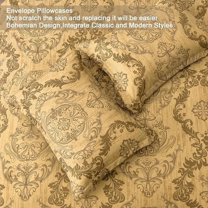 WONGS BEDDING Gold Comforter Set Queen Size, Damask Texture Design 7 Pieces Bed in a Bag Microfiber Comforter Bedding Sets -1 Comforter, 1 Flat Sheet, 1 Fitted Sheet, 2 Pillow Shams, 2 Pillowcases
