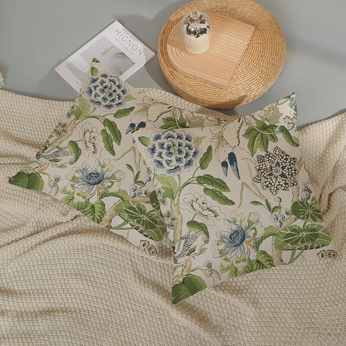 Sage Green Boho Pillow Covers 20x20 Inch 2 Pcs Blue Green Vintage Floral Bird Decor Throw Pillows Chinoiserie Flower Seasonal Outdoor Farmhouse Pillowcase Linen Cushion Cover for Couch Sofa