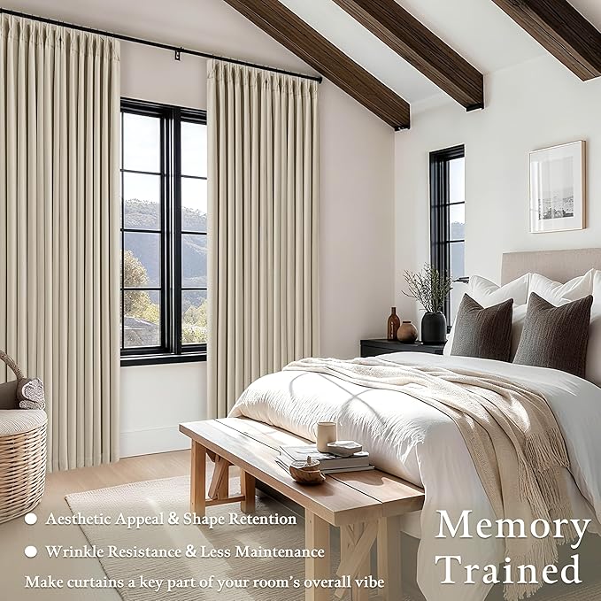 92 Inch Long Oatmeal Pleated 100% Blackout Curtains for Bedroom Living Room | Beige Linen Blend, 100% Blackout, Sliding Door Curtains, Cozy Modern Privacy Protection, Energy Efficient Noise Reducing