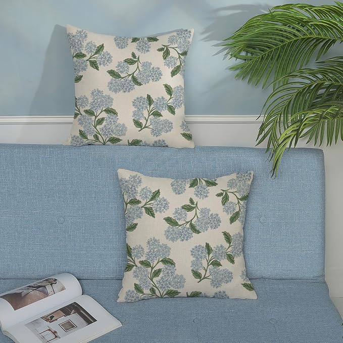 Spring Pillow Covers 22x22 Inch 2 Pcs Navy Blue Sage Green Hydrangea Flower Decor Throw Pillows Vintage Floral Seasonal Summer Outdoor Decoration Pillowcase Linen Cushion Cover for Couch Sofa