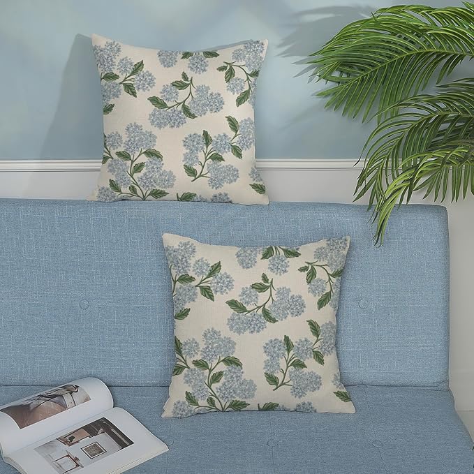 Floral Outdoor Pillow Covers 18x18 Inch Set of 2 Blue Green | Hydrangea Decor,Vintage Flower Decorative Throw Pillows,Spring Farmhouse Pillowcase,Linen Cushion Cover for Couch Sofa