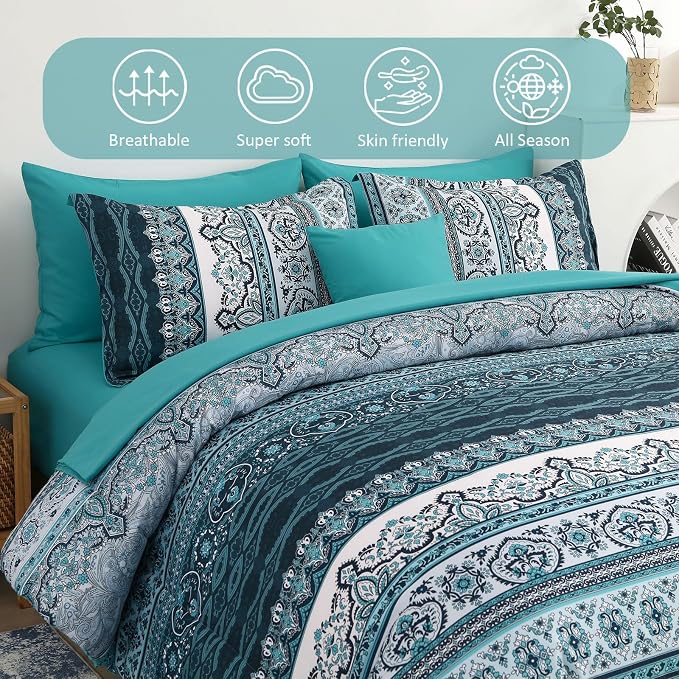 Cottolester Boho Queen Comforter Set 8 Pieces, Teal Comforter Bohemian Striped Bed in A Bag,Soft Microfiber Bedding Set for All Seasons