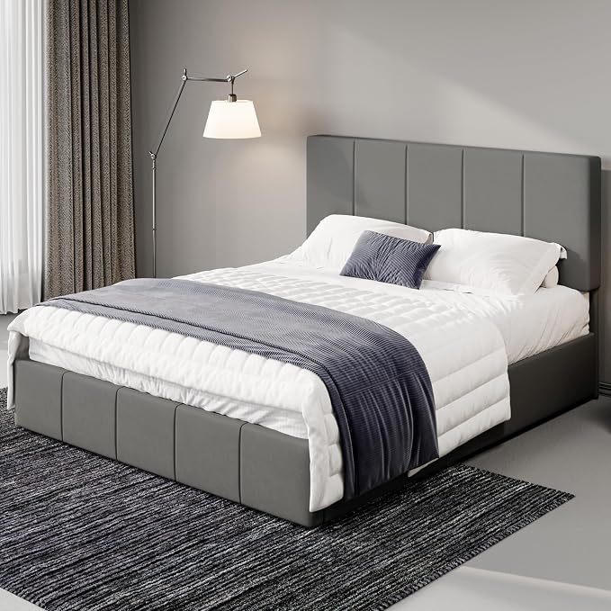 Allewie Queen Size Dutch Velvet Upholstered Platform Bed Frame/Vertical Channel Tufted Adjustable Headboard/Low Profile Bed Frame/No Box Spring Needed/Easy Assembly/Grey