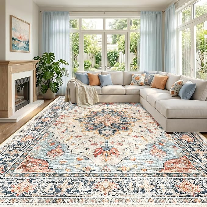 RELEANY Washable Area Rug, Large 9'x12', Beige/Blue/Orange | Non-Slip, Water Repellent, Pet Friendly, Easy to Clean, Vintage Floral Boho Decor for Living Room Bedroom Dining Room