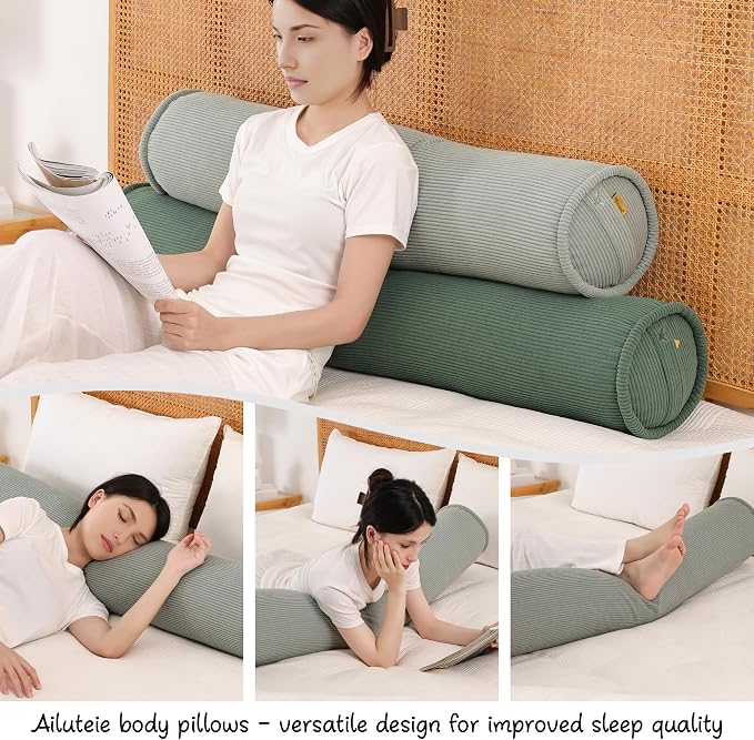 Cuddle Pillow – Corduroy Long Body Pillow for Adults, Cozy Bolster Pillow for Bed, Soft & Supportive for Relaxing Sleep,39 x 7.87 Inches,Grey Green