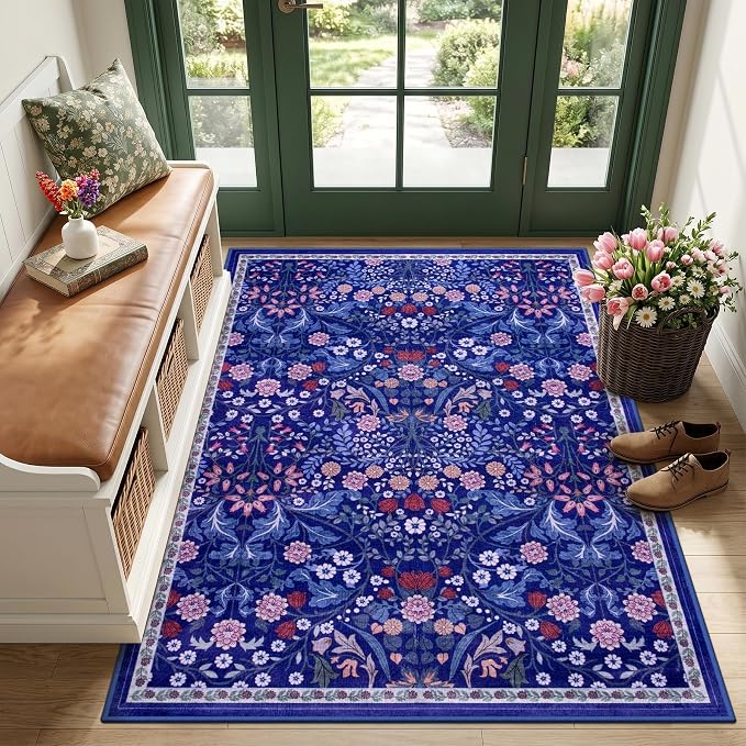 PLHXFR Area Rug Living Room: 3x5 Floral Washable Boho Soft Carpet Blue | For Bedroom Dining Room Farmhouse Nursery Hallway,Vintage Floral,Machine washable,Non Slip,Stain Resistant,Large Indoor