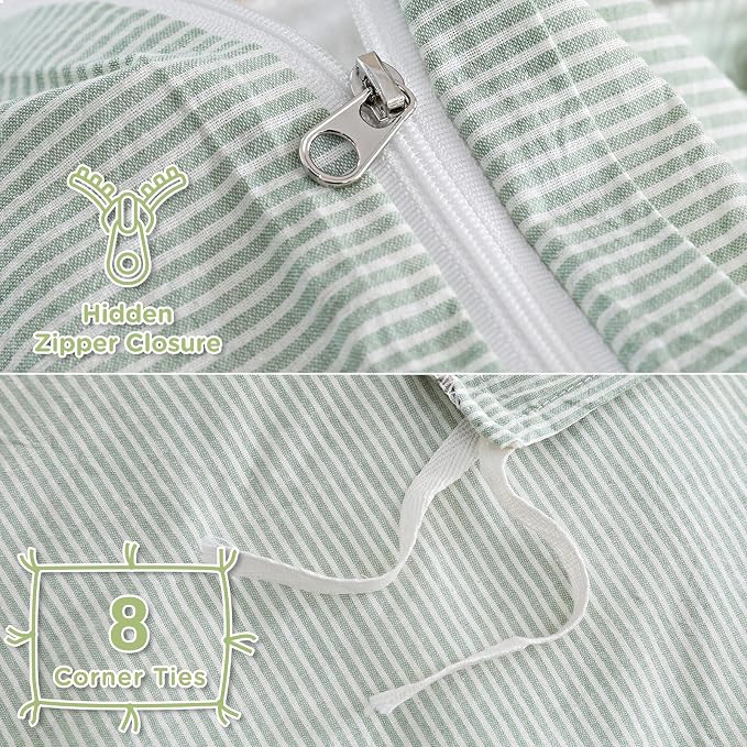 TOCOMOA Sage Green Striped Duvet Cover Set Washed Cotton Like Linen, King | 100% Washed Cotton Linen-Like Feel Soft, Breathable & Comfy. Pinstriped Bedding Set with Zipper & 8 Ties. 3 Pcs, No Insert