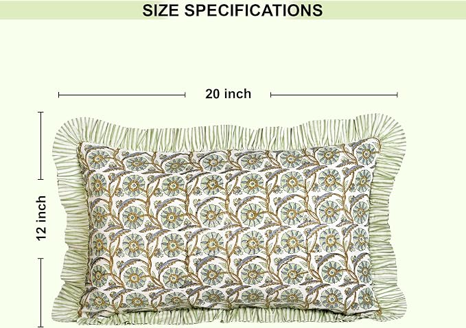 Ridhi Block Print Bloom Bubbles Ruffle Lumbar Pillow Shams, 36" x 14" Set-1 | 100% cotton, Floral Pillowcase, Cushion Cover, Hidden Zipper, Cottagecore Bedding, farmhouse boho style, fits couch, sofa,Bed