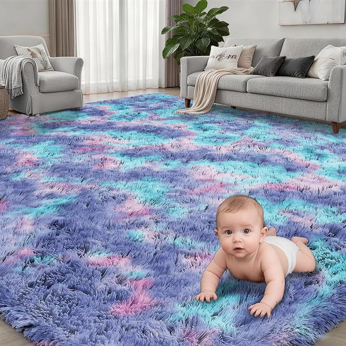 Area Rug Living Room Bedroom: 6x9 Fluffy Plush Shag Carpet Rainbow | For Kids Room Playroom Nursery Home Decor,Ultra Soft,Non-Slip Non-Shedding,Fuzzy Plush,Large Indoor Floor Carpet,Easy Clean