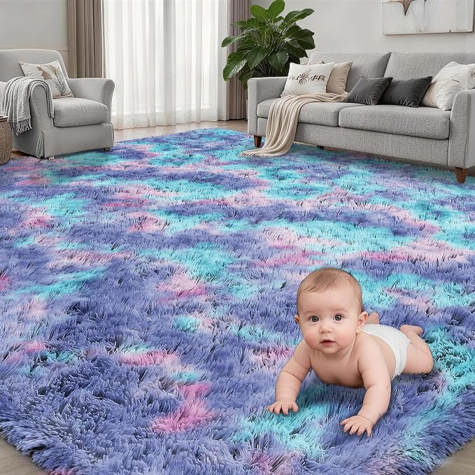 Area Rug Living Room Bedroom: 4x6 Fluffy Plush Shag Carpet Rainbow | For Kids Room Playroom Nursery Home Decor,Ultra Soft,Non-Slip Non-Shedding,Fuzzy Plush,Large Indoor Floor Carpet,Easy Clean