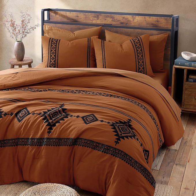 MaiRêve Embroidery King Size Comforter Set 7 Pieces Western Bed in a Bag | Burnt Orange Boho Farmhouse Bedding Sets with Comforter, Sheets, Pillowcases & Shams