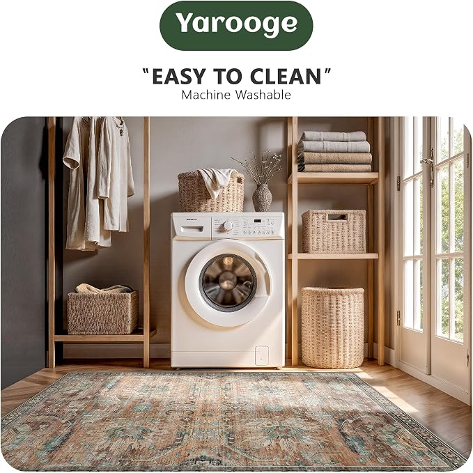 8x10 Area Rugs, Vintage Retro Soft Washable Rug, Non-Slip Low Pile Rugs for Living Room, Bedroom, Dining Room, Stain Resistant Home Decor Rug (Vintage Orange/Brick)
