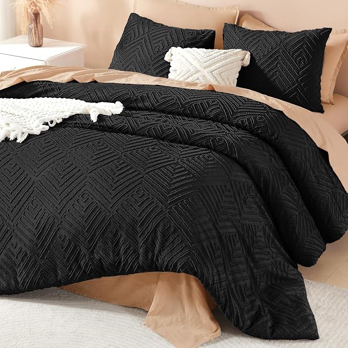 Litanika Super King Size Comforter Set, 3 Pcs Black Tufted Boho Bedding Set | Farmhouse Shabby Chic Vintage Bohemian Textured Aesthetic Soft Fluffy Lightweight Breathable All Season Bed Set