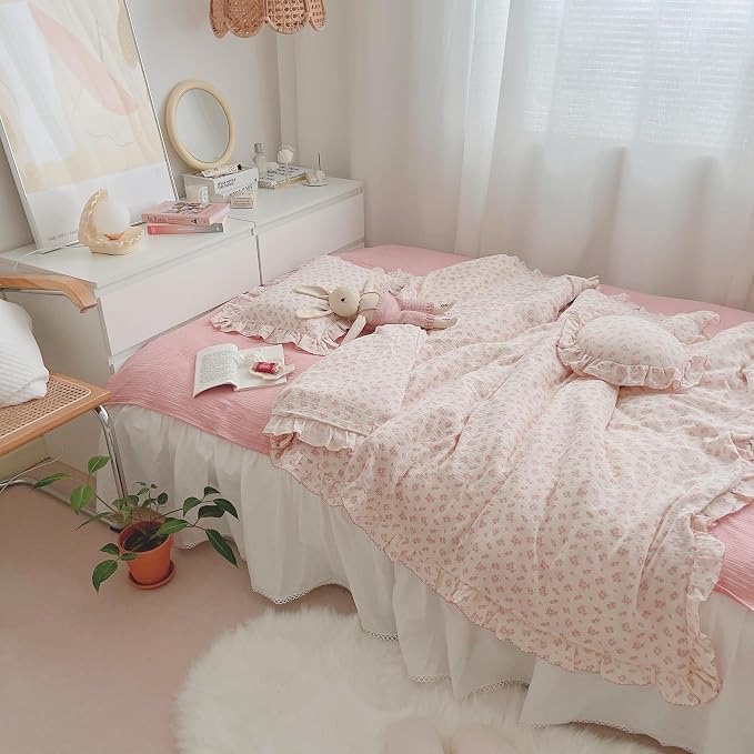 Girls Baby Duvet Cover Pink Flower Duvet Covers Muslin Cotton Toddler Kids Duvet Cover Quilted Protector, 47"x59", Galsang Print (No Filling)