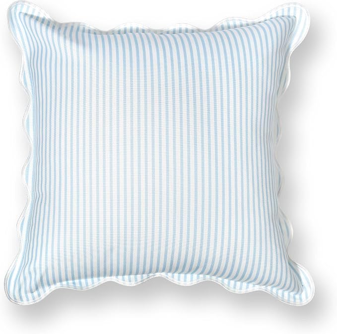 Hofdeco Premium Coastal Patio Indoor Outdoor Scalloped Throw Pillow Cover Only, 20"x20" Water Repellent for Backyard, Couch, Baby Blue Print Stripes