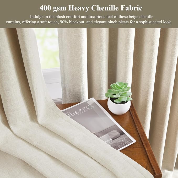 WEST LAKE Beige Pinch Pleated 90% Blackout Curtain Panels 102 Inches Long | Neutral Triple Weave Textured Microfiber Lined Heavy Drapes,Modern Bedroom Window Treatment,Back Tabs,40"Wx102"Lx2
