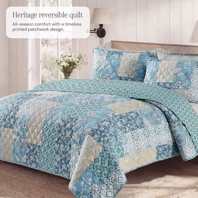 Twin/Twin XL Quilt Set-2 Pieces Soft Bedding Floral Patchwork Coverlet | All Seasons Lightweight Quilts Queen Size, 1 Quilt (66" x 92") and 1 Sham (20" x 26"), Reversible Bedspread, Blue Tile