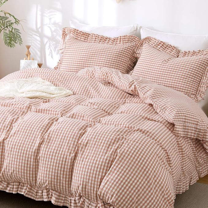 ATsense Pink Brown Gingham Ruffle Duvet Cover Set Cotton Like Linen, King | 100% Washed Cotton Linen-Like Feel Soft, Breathable & Comfy. Fall Farmhouse Bedding Set, Zipper & 8 Ties. 3 Pcs, No Insert