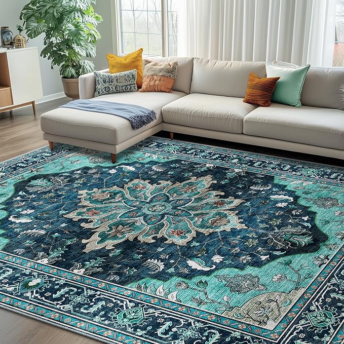 RELEANY Washable Area Rug, 7'x10', Teal | Non-Slip, Water Repellent, Pet Friendly, Easy to Clean, Vintage Floral Boho Decor for Living Room Bedroom Dining Room Office