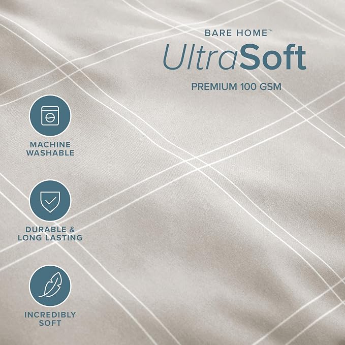 Bare Home Duvet Cover Set (Queen, Modern Plaid - Stone/White) | 1800 Ultra-Soft, Lightweight, Cooling, Breathable, Premium, All-Season