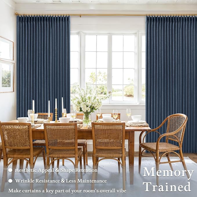 Navy Blue 84 Inch Pinch Pleated Blackout Textured Linen Curtains 2 Panels | Black Out Memory Trained Drapes, Double Layer, Room Darkening Thermal Insulated, for Bedroom, Pinch Pleat with Hooks Rings